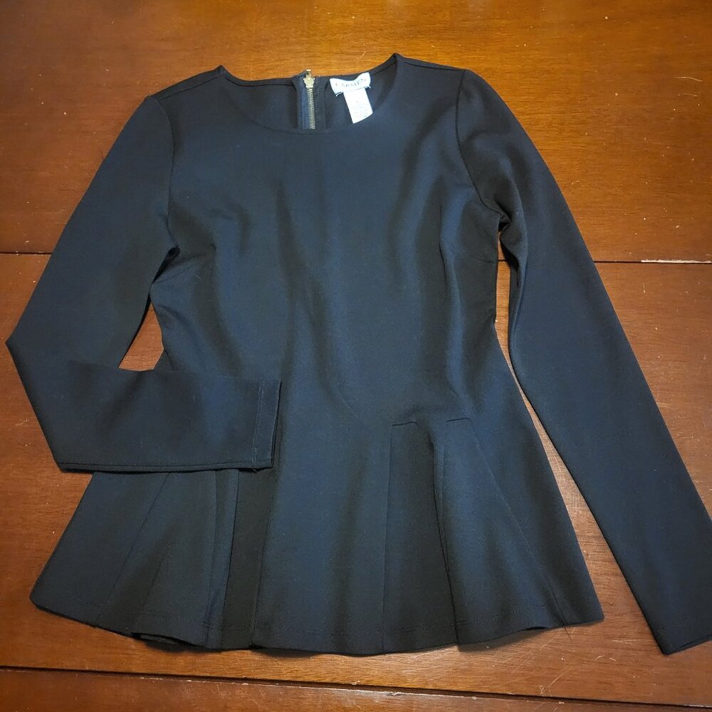 Carmen Marc Valvo Black Long Sleeve Round Neck Peplum Top Ponte Fabric Small